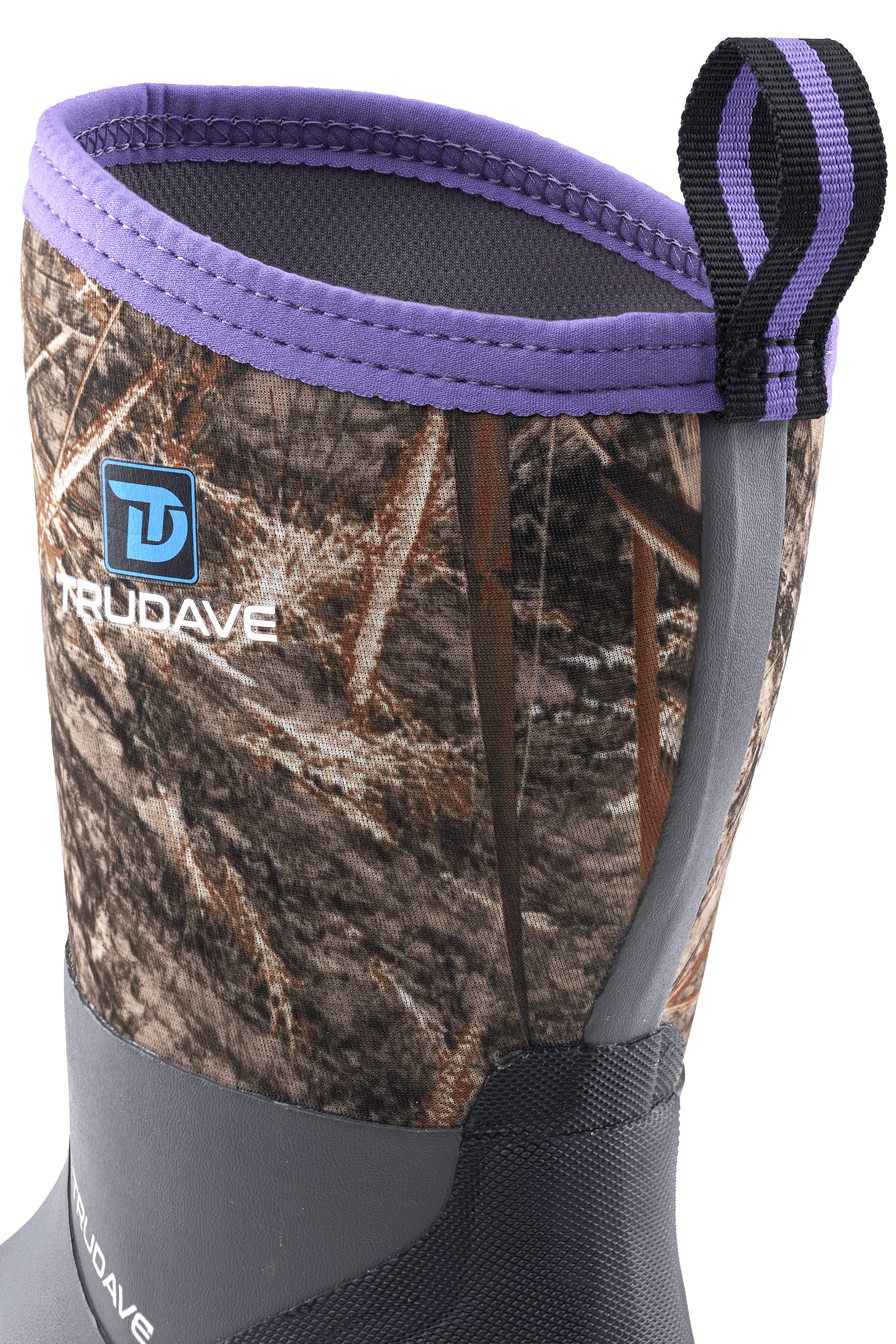 Close-up of Trudave MudGuard Series women’s mid-calf waterproof garden boots – purple camo shaft with pull tab design for easy on and off
